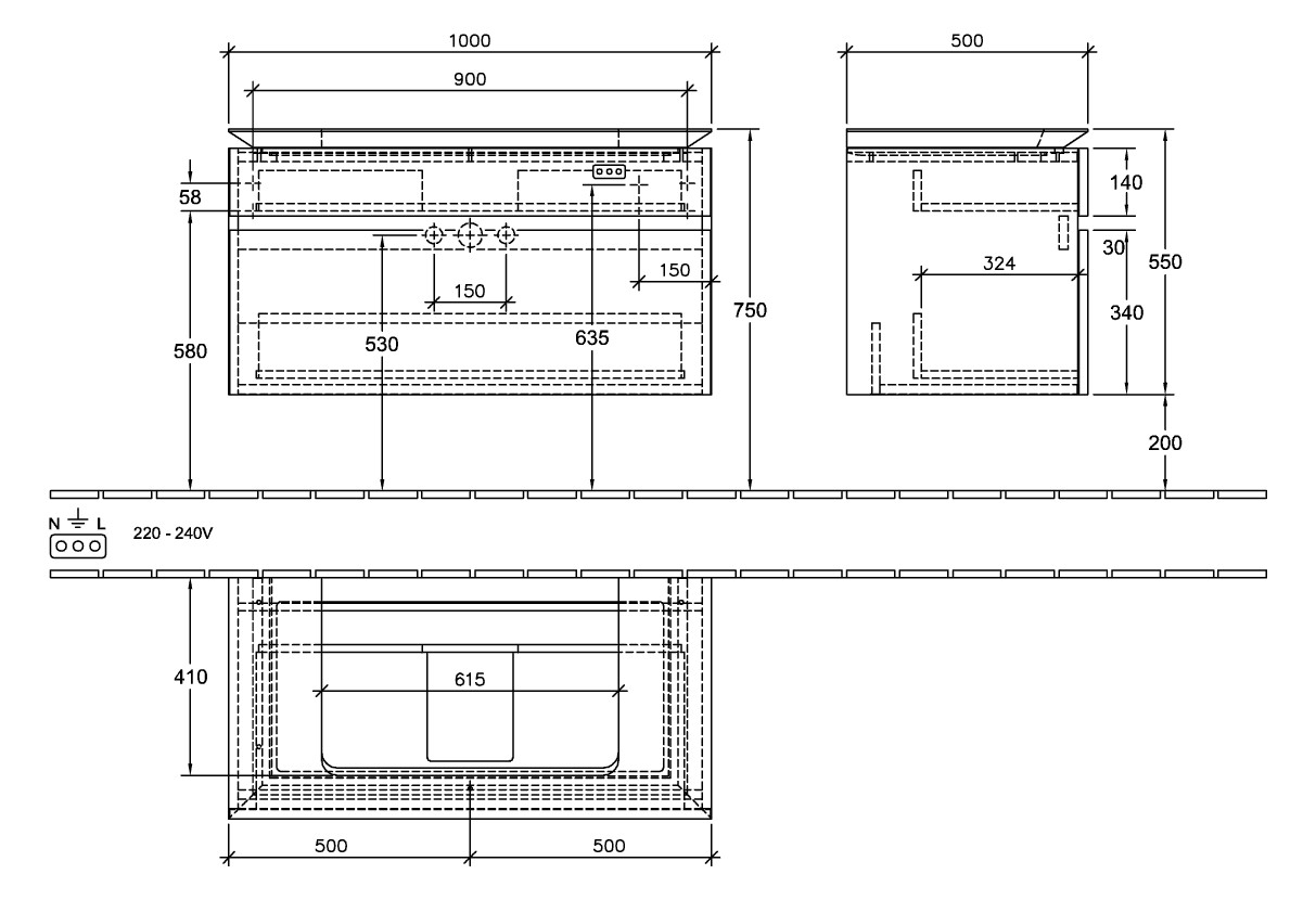 V&B Waschtischunterschrank Legato 100x55x50cm, Waschtisch mittig, mit LED-Beleuchtung, Stone Oak