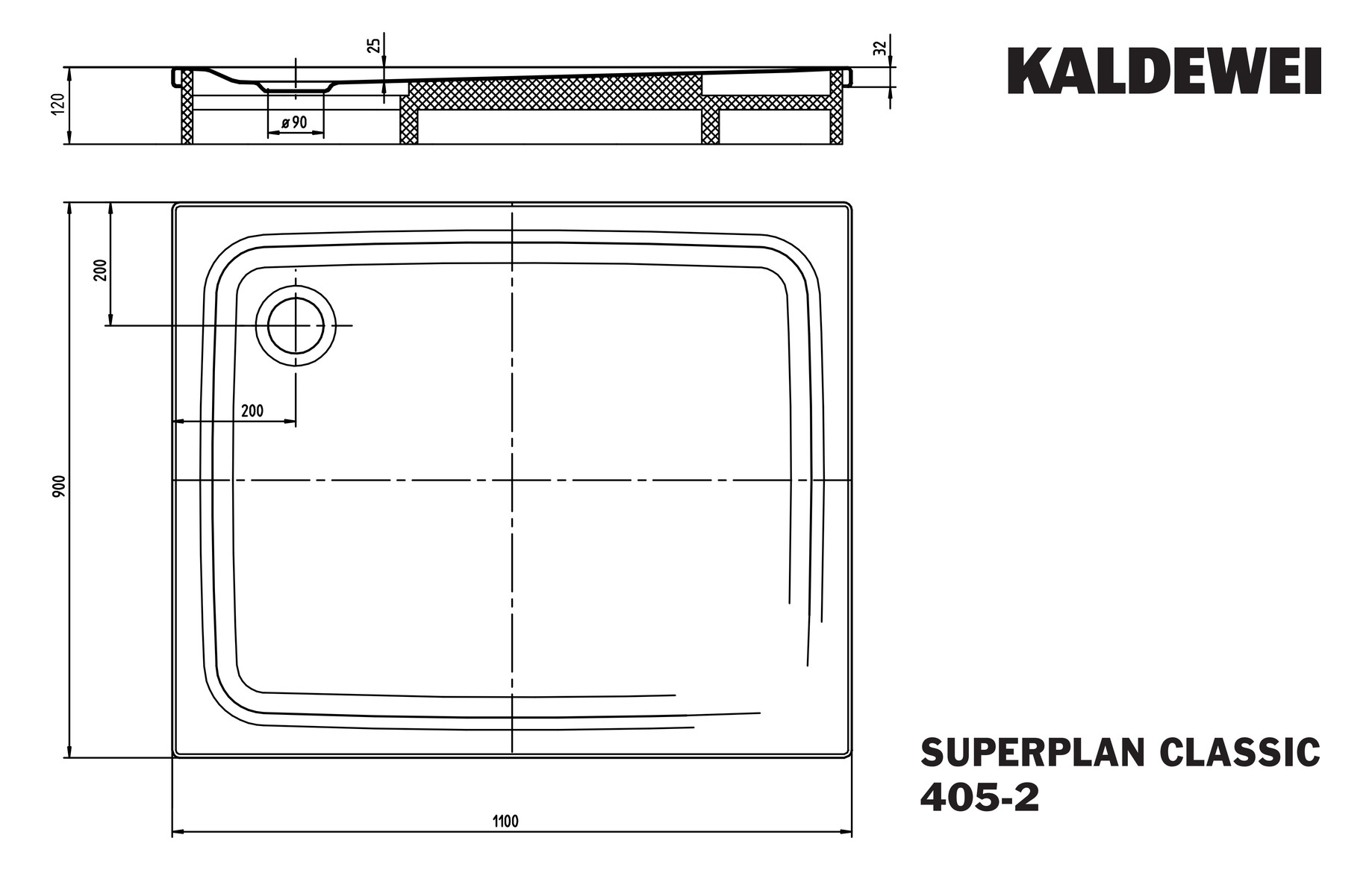 Kaldewei Duschwanne SUPERPLAN CLASSIC 405-2 90x110x2,5cm, mit Träger, Perl-Effekt, schwarz