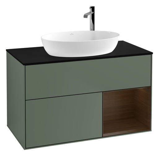 V&B Waschtisch-Unterschrank Wandbeleuchtung Finion 100cm, Abdeckplatte black matt, Regal Walnut Veneer, Olive Matt Lacquer