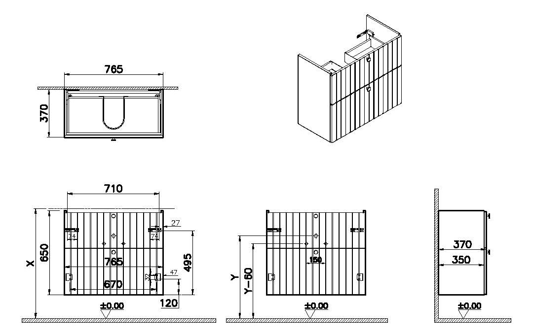 VitrA Bad Waschtisch-Unterschrank Root Groove Compact 76,5x37x65cm, 2 Vollauszüge, Korpus Hellgrau Matt