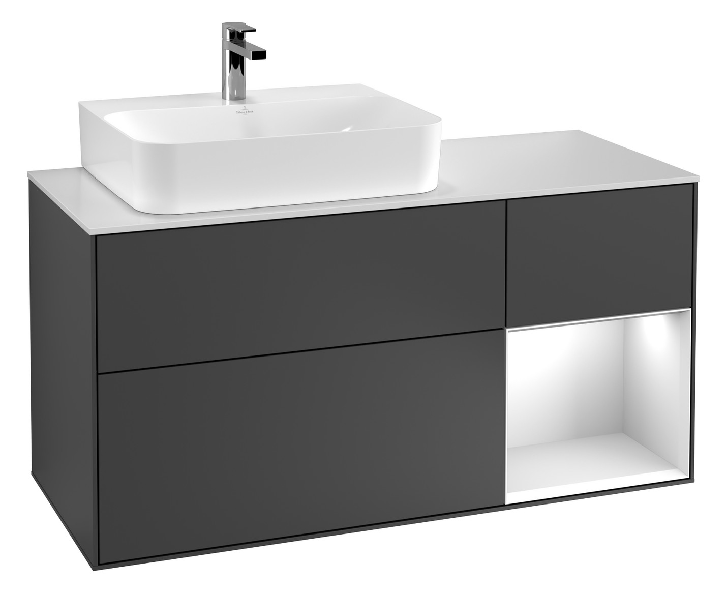 V&B Waschtisch-Unterschrank Finion 120cm, Abdeckplatte white matt, Regal rechts Olive Matt Lacquer, Peony Matt