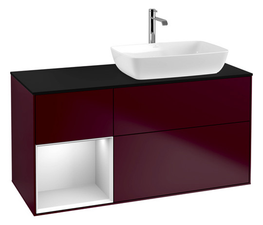 V&B Waschtisch-Unterschrank Finion 120cm, Abdeckplatte black matt, Regal White matt lacquer, Peony Matt