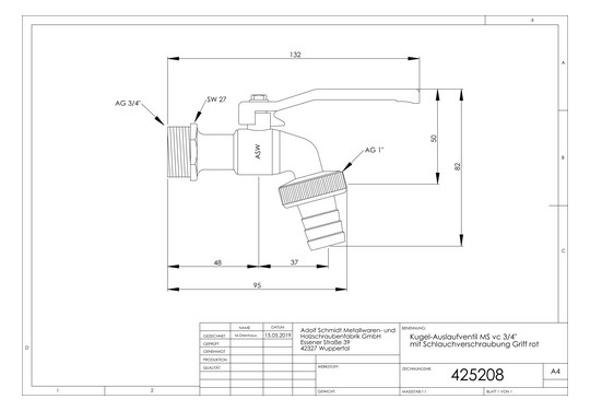 ASW Kugel-Auslaufventil 3/4", Griff rot, Messing CW617N matt verchromt, mit Schlauchverschraubung