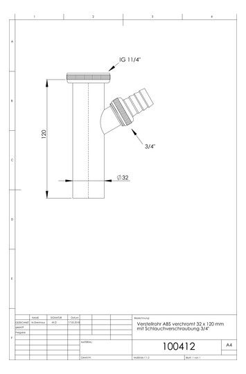 ASW Verstellrohr 32 x 200 mm, Edelstahl verchromt, mit Einlauf 45Grad, mit Schlauchverschraubung 3/4"