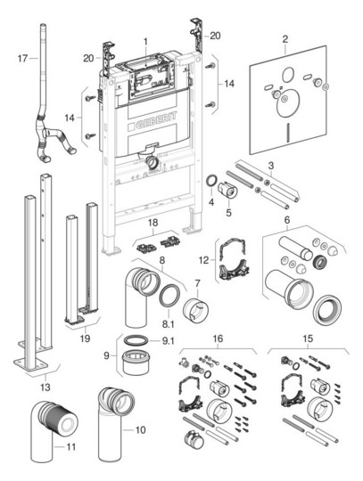 Geberit Wand-WC-Element Duofix BH 82cm, Betätigung oben/vorne, mit Omega UP-Spülkasten 12 cm