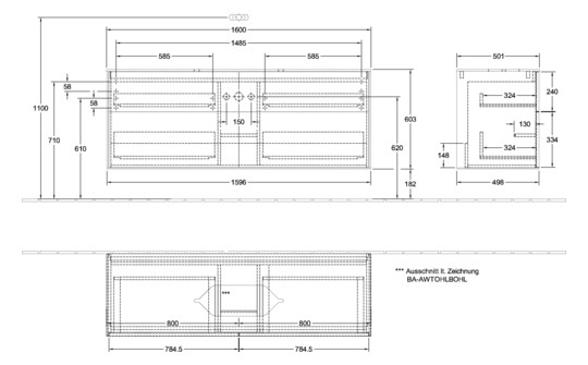 V&B Waschtisch-Unterschrank Finion 160x60,3x50,1cm, Glass White Matt, Walnut veneer