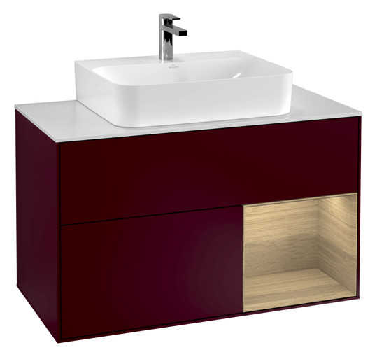 V&B Waschtisch-Unterschrank Wandbeleuchtung Finion 100cm, Abdeckplatte white matt, Regal rechts Oak Veneer, Peony Matt