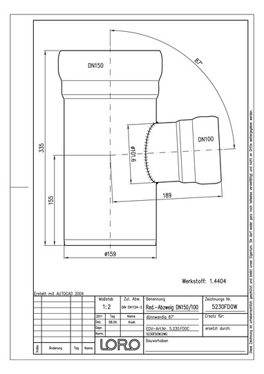 LORO XCL Reduzier-Abzweig DN 150/100, 87°, Werkstoff 1.4404