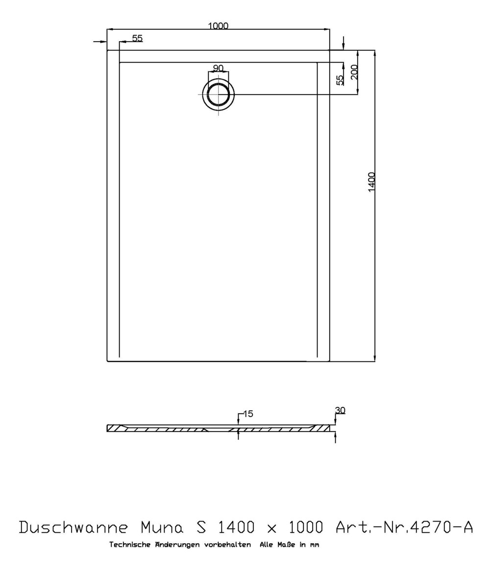 Hoesch Mineralguss-Duschwanne Muna S 140 x 100 x 3 cm, weiß, ohne Antirutsch