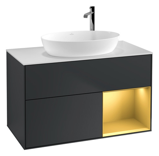 V&B Waschtisch-Unterschrank Finion 100cm, Abdeckplatte white matt, Regal Gold matt lacquer, Midnight Blue Matt Lacquer