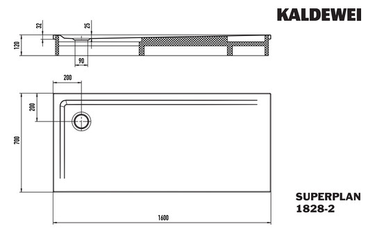 Kaldewei Duschwanne SUPERPLAN XXL 1828-2 70x160x3,9cm, mit Träger, Antislip Secure Plus, warm grey10