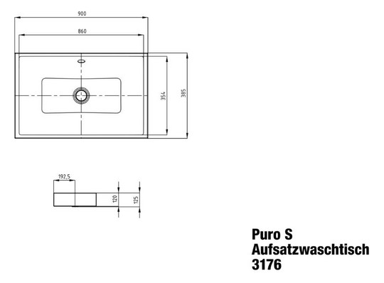 Kaldewei Aufsatzwaschtisch PURO S 3176, 90 x 38,5 cm, warm grey 60, mit Überlauf, ohne Hahnloch