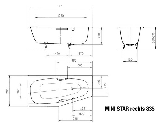 Kaldewei Badewanne MINI STAR rechts 835 157x70/47,5cm, Vollantislip Perl-Effekt, manhattan