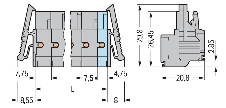 Klemmleiste 7p gr Serie 231 16A Thermopl 0,2-2,5qmm 7,5mm Federzugans