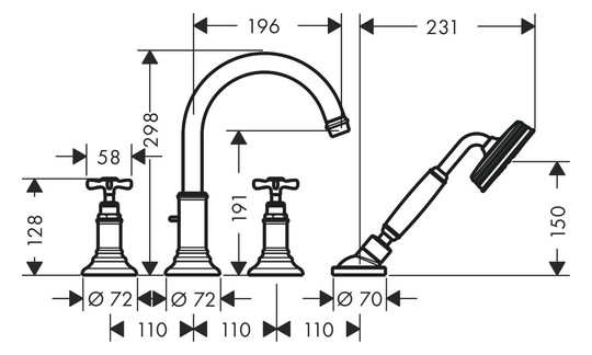 hansgrohe Fertigmontageset Axor Montreux 4-Loch-Wannenrandarmatur, mit Kreuzgriffen, brushed nickel