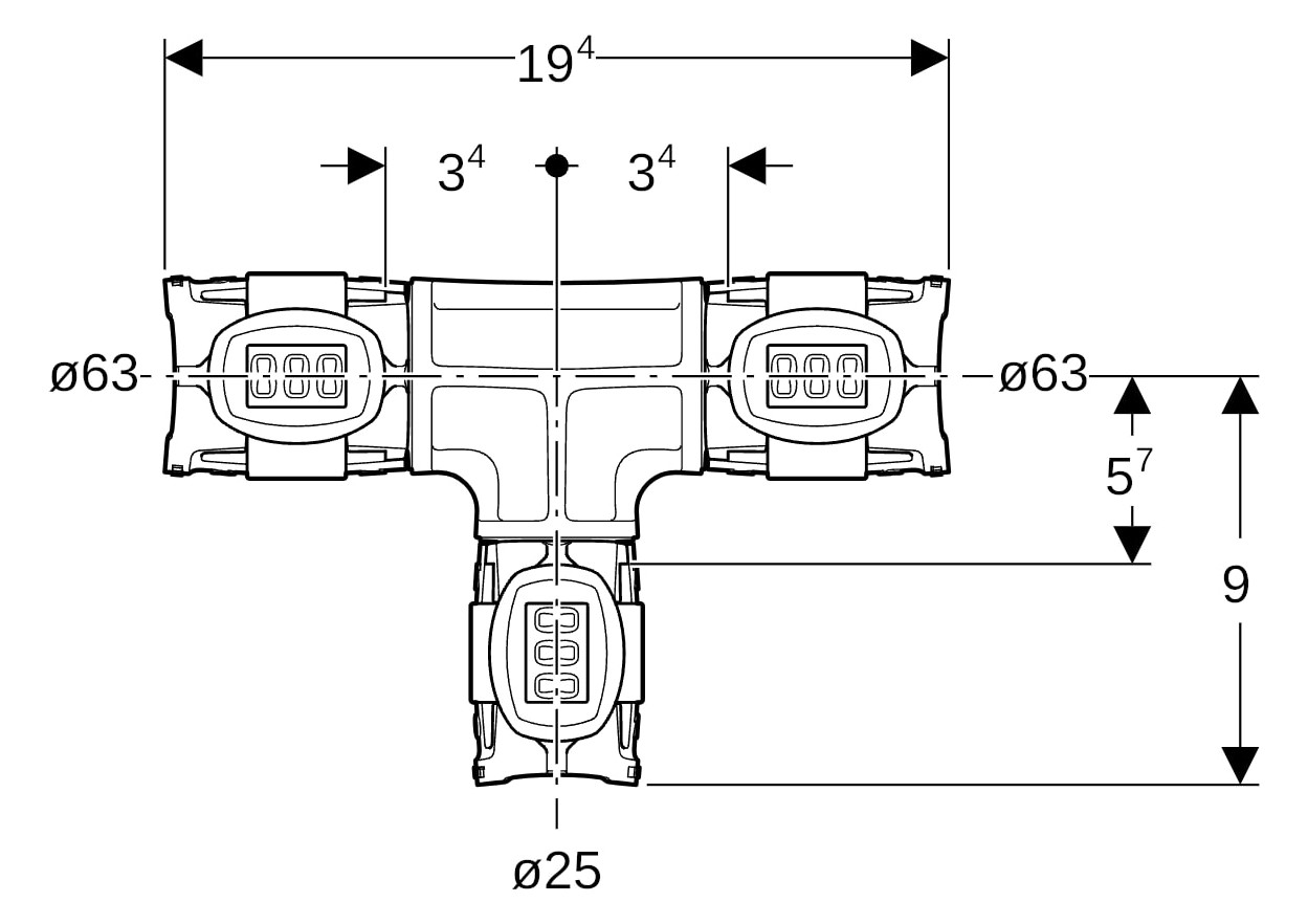 Geberit T-Stück FlowFit Ø 63 x 25 x 63 mm, reduziert, PPSU