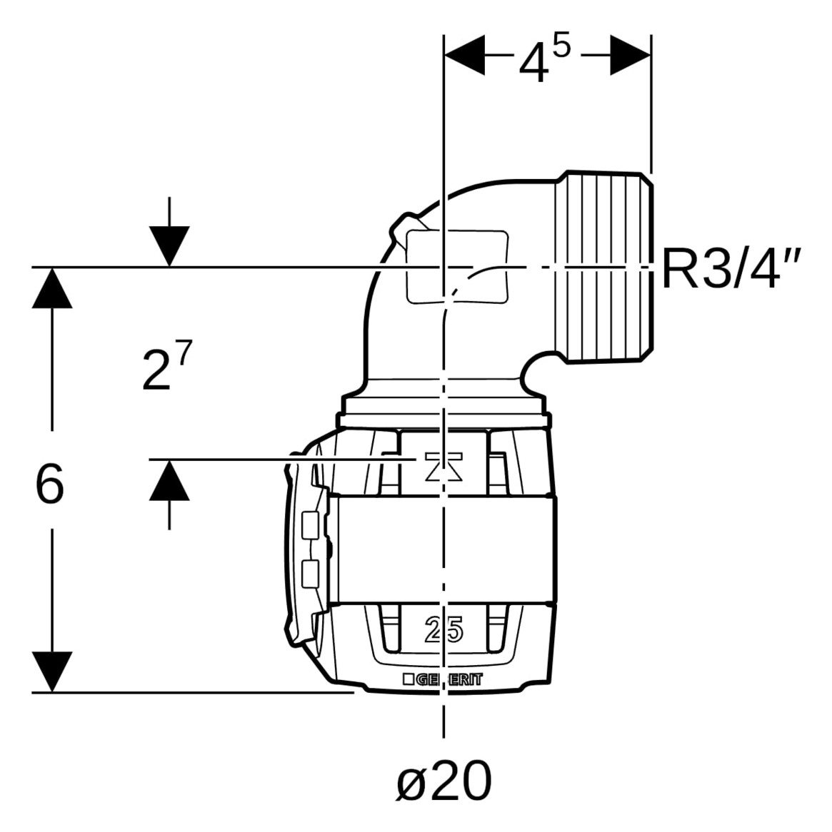 Geberit Übergangsbogen FlowFit Ø 20 mm, R 3/4, 90Grad, mit Außengewinde, lang