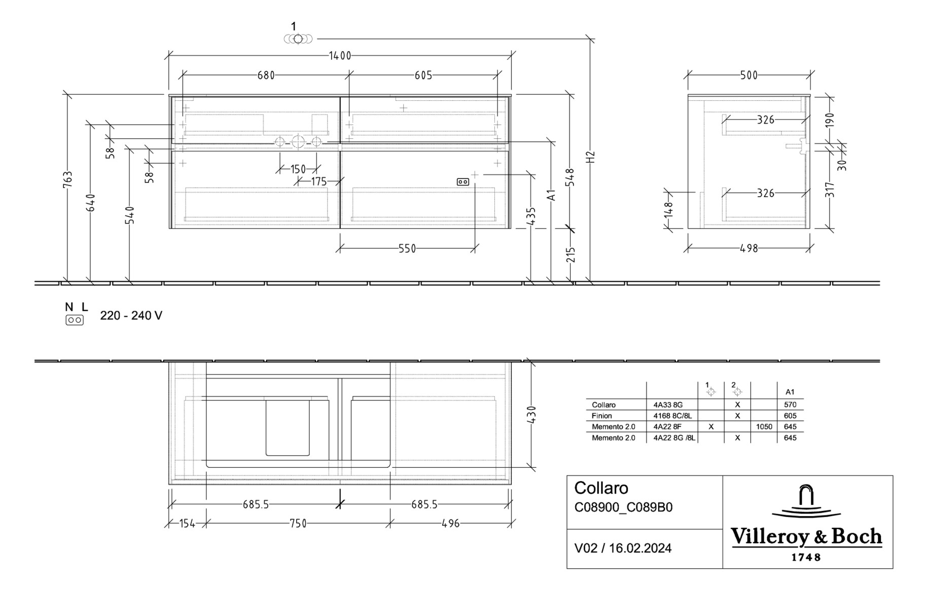 V&B Waschtischunterschrank Collaro 140x54,8x50cm, Waschtisch links, nordic oak