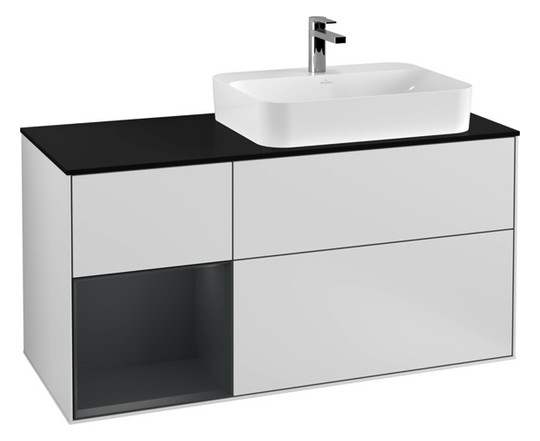 V&B Waschtisch-Unterschrank Finion 120cm, Abdeckplatte black matt, Regal links Midnight Blue Matt Lacquer, White matt lacquer