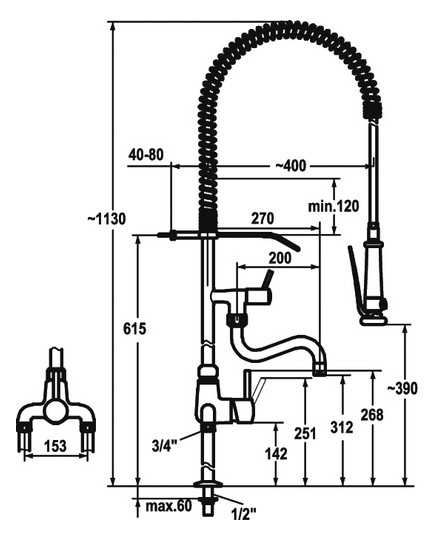 KWC Spültisch-Einhebelmischer GASTRO Ausladung 200 mm, verchromt, Anschluss 130mm, drehbare Federschlauchbrause
