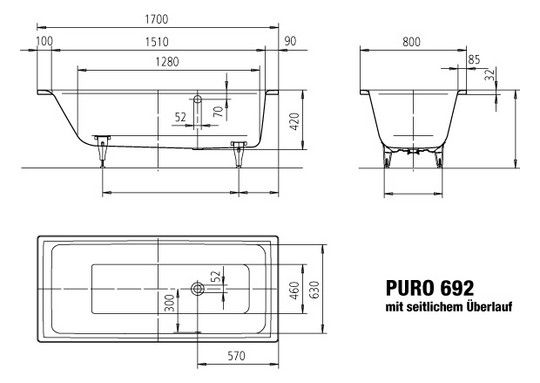 Kaldewei Badewanne PURO 692 170x80cm, Überlauf seitlich, Perl-Effekt, Sonderüberlauf, Rutschhemmend, pergamon