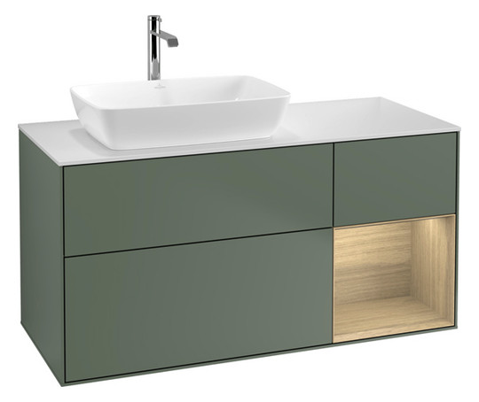 V&B Waschtisch-Unterschrank Finion 120cm, Abdeckplatte white matt, Regal Oak Veneer, Olive Matt Lacquer