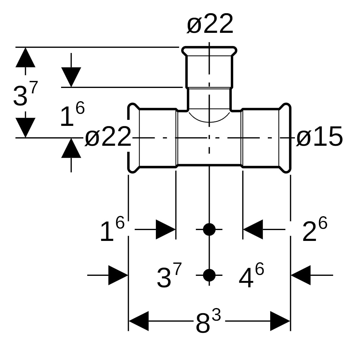 Geberit Gas-T-Stück Mapress Ø 22 mm x 22 mm x 15 mm, reduziert, für Natur- und Flüssiggas, Kupfer