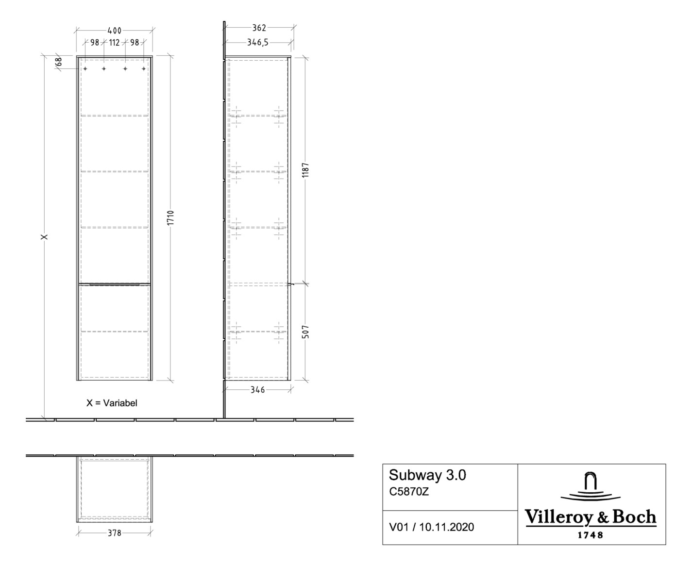 V&B Hochschrank Subway 3.0 40x171x36,2cm, Schanier rechts/Griff Volcano black, cashmere grey