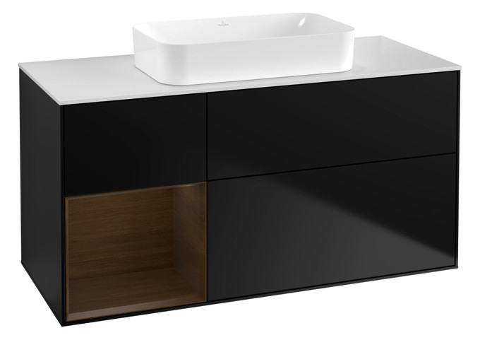 V&B Waschtisch-Unterschrank Finion 120x60,3x50,1cm, Regal links Walnut veneer, Black matt lacquer