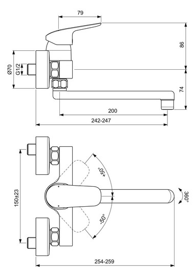 Ideal-Standard Wand-Spültisch-Einhebelmischer CeraFlex Ausladung 200mm, Rohrauslauf schwenkbar, chrom