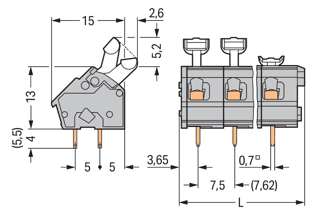 Printklemme 24f 1re lgr Serie 256 RM=7,5 Federzuganschluss/Lötanschluss