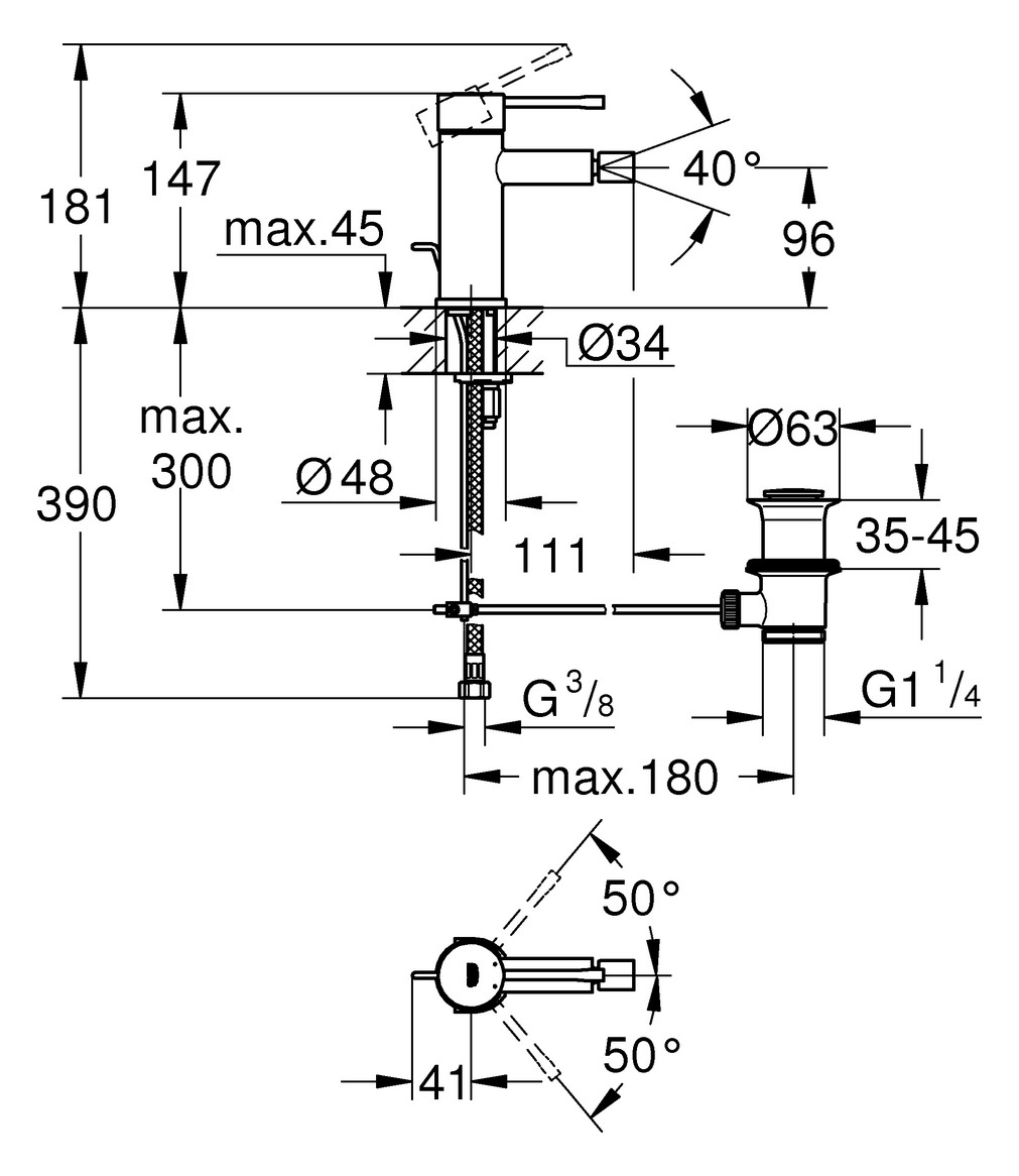 GROHE Bidet-Einhebelmischer Essence 1/2", mit Zugstangen-Ablaufgarnitur, hard graphite gebürstet