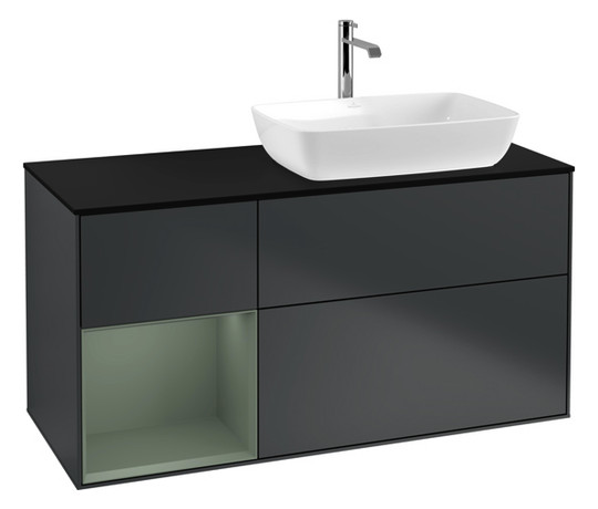 V&B Waschtisch-Unterschrank Finion 120cm, Abdeckplatte black matt, Regal Olive matt lacquer, Midnight Blue Matt Lacquer