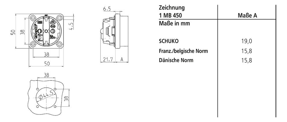 Anbausteckdose IP20 50x50mm ger sw Kst schraubl.Kl hfr