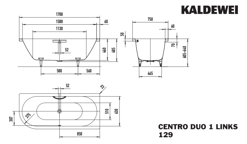 Kaldewei Badewanne CENTRO DUO 1 links 129 170x75cm, Griffloch, Perl-Effekt, Vollantislip, schwarz