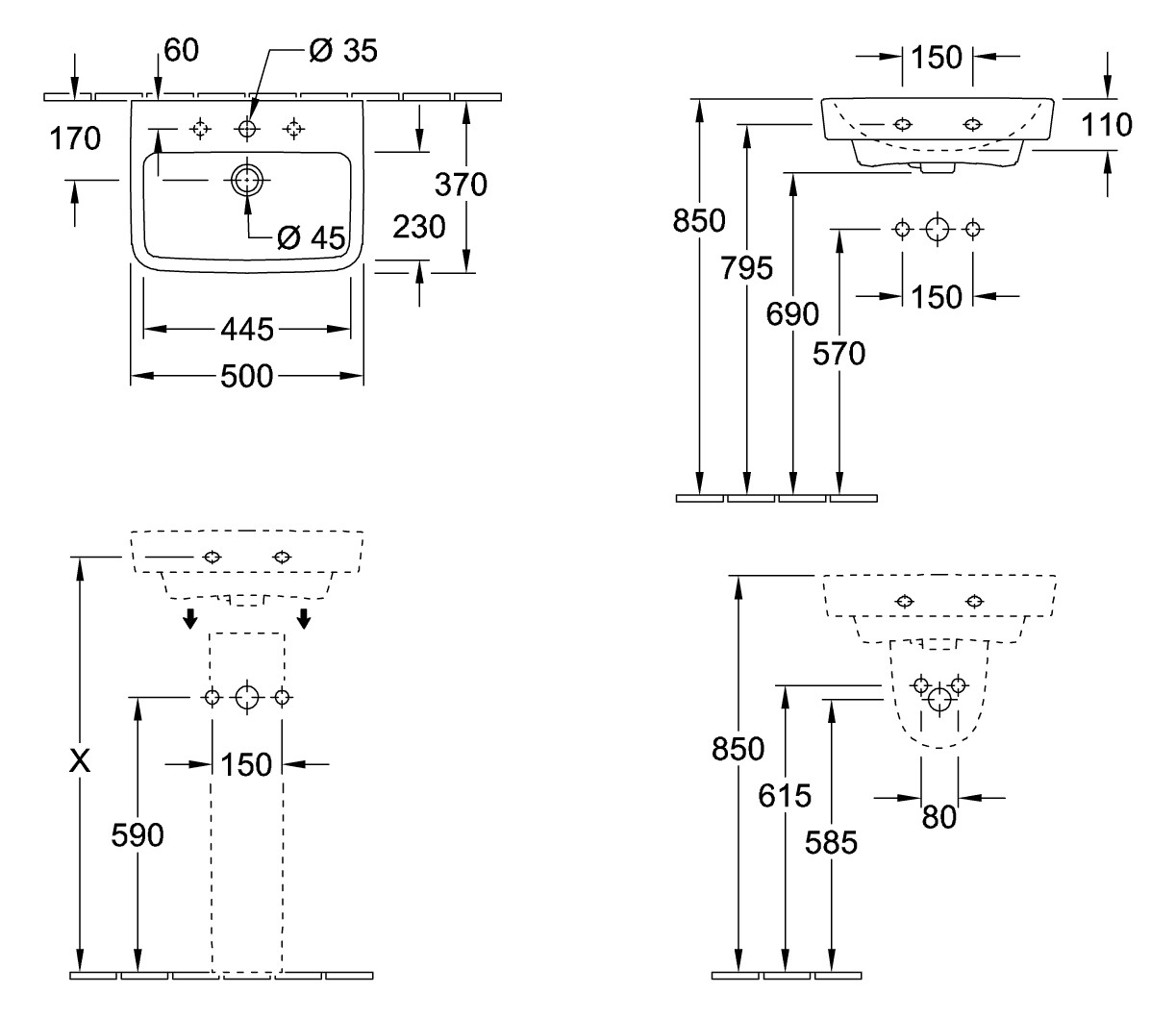 V&B Handwaschbecken O.Novo 50x37cm, eckig, mit Hahnloch, mit Überlauf, weiß AntiBac C-plus
