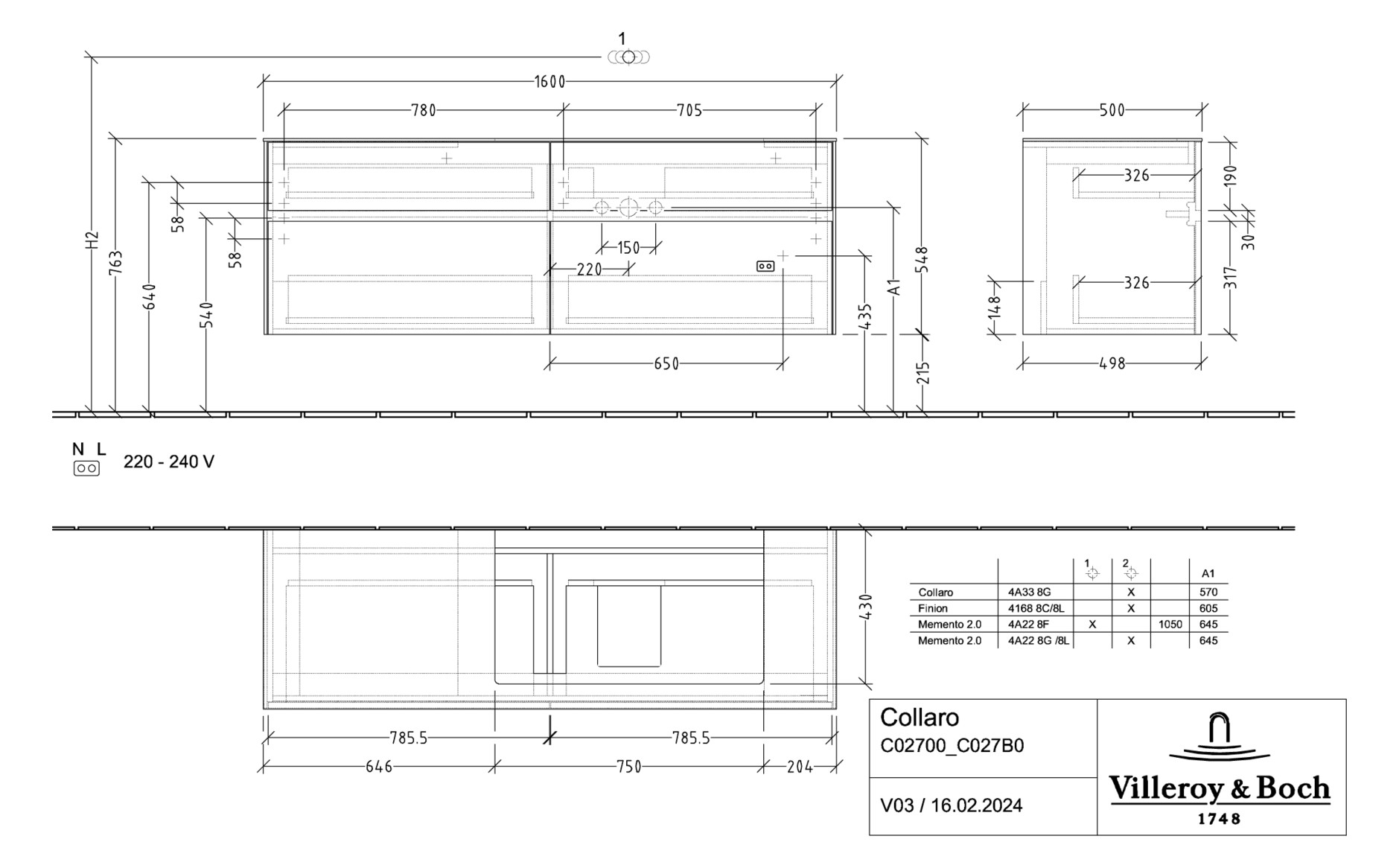 V&B Waschtischunterschrank Collaro 160x54,8x50cm, Waschtisch rechts, LED-Beleuchtung 12W, stone oak