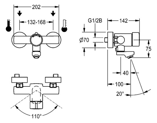 AR Wandbatterie, F3, hydr., Mischer, Schwenkauslauf, 100 mm, 3l