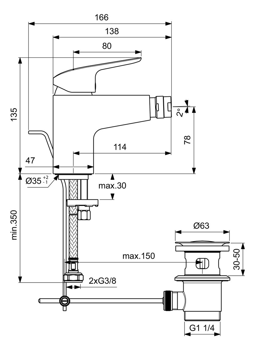 Ideal-Standard Bidet-Einhebelmischer CeraFlex mit Kunststoff-Ablaufgarnitur, Ausladung 114mm, chrom
