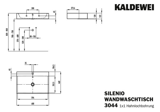 Kaldewei Wand-Waschtisch SILENIO 3046-D 3044, 60 x 46 x 12 cm, cool grey 90, mit Überlauf, mit Hahnloch