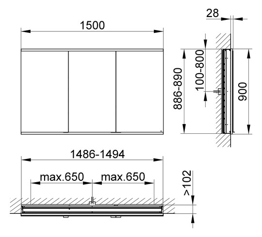 KEUCO Spiegelschrank Royal Modular 2.0 1500 x 900 x 120 mm, ohne Steckdose, Wandeinbau, 3 Türen, beleuchtet