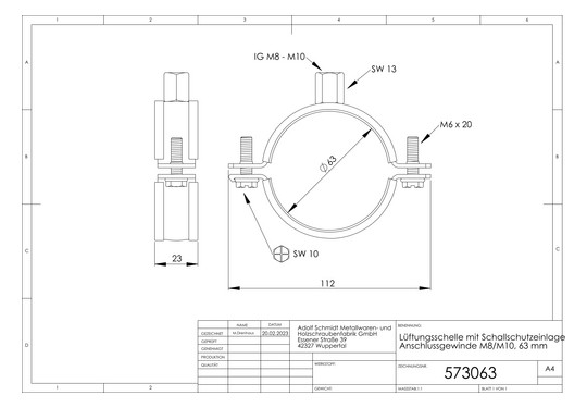 ASW Lüftungsschelle Spannbereich 200 mm, M 8/M 10, mit Schallschutzeinlage