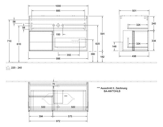 V&B Waschtisch-Unterschrank Wandbeleuchtung Finion 100cm, Abdeckplatte white matt, Regal links White matt lacquer, Glossy white lacquer