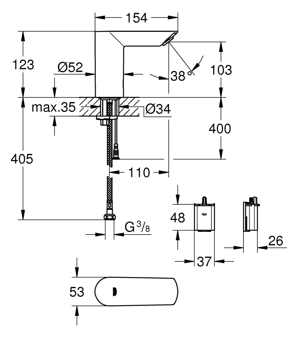GROHE Infrarot-Waschtisch-Armatur Bau Cosmopolitan E 1/2", ohne Mischung, Batteriebetrieb, chrom
