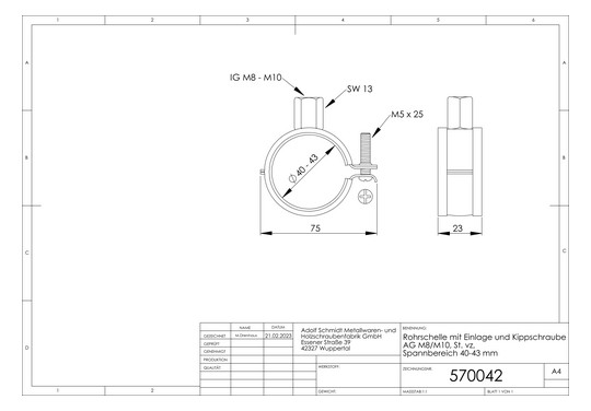 ASW Einhand-Schraubrohrschelle Spannbereich 40-43 mm, M 8/M 10, mit Einlage
