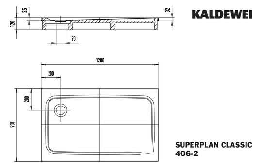 Kaldewei Duschwanne SUPERPLAN CLASSIC 406-2 90x120x2,5cm, mit Träger, Antislip Perl-Effekt, manhattan