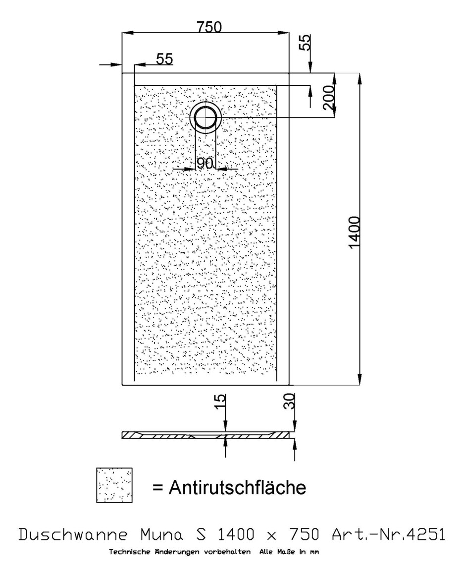 Hoesch Mineralguss-Duschwanne Muna S 140 x 75 x 3 cm, weiß, Antirutsch