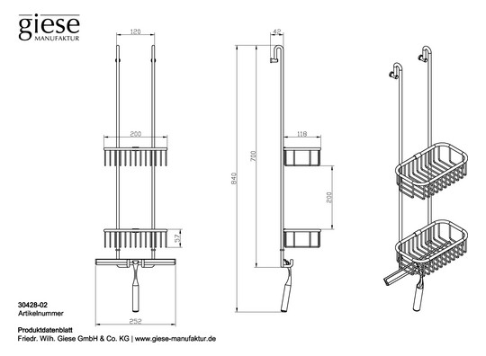 Giese Duschkorb Bodyguard 252x840x42mm, für Glaswand 6/8mm, mit Glasabzieher, verchromt