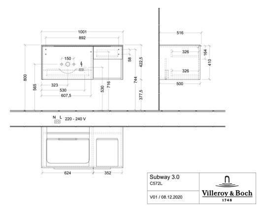 V&B Waschtisch-Unterschrank Becken links Subway 3.0 100,1x42,25x51,6cm, mit LED/Griff Aluminium glänzend, pure white