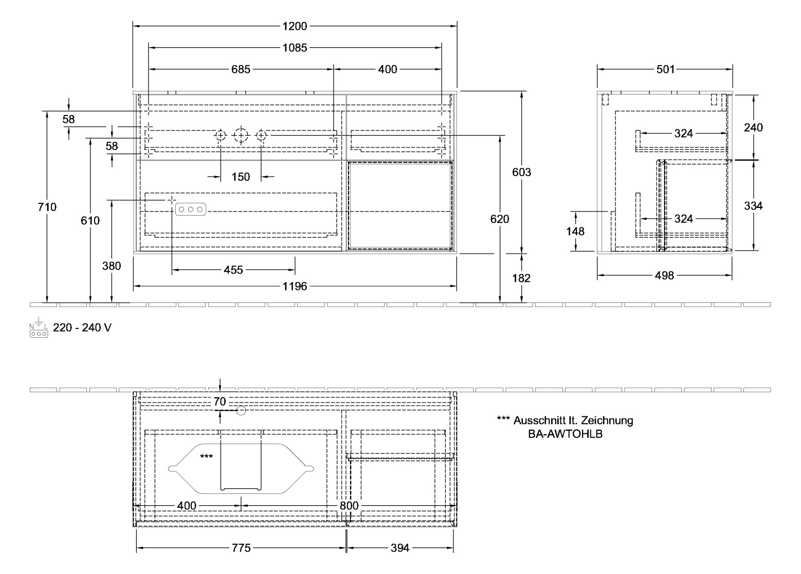 V&B Waschtisch-Unterschrank Wandbeleuchtung Finion 120cm, Abdeckplatte white matt, Regal rechts Anthracite matt, Black matt lacquer